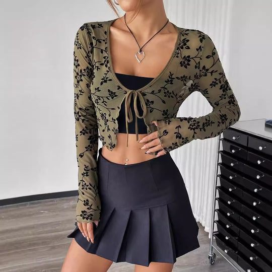 Damen Transparente Spitzenjacke mit Bindeband EB