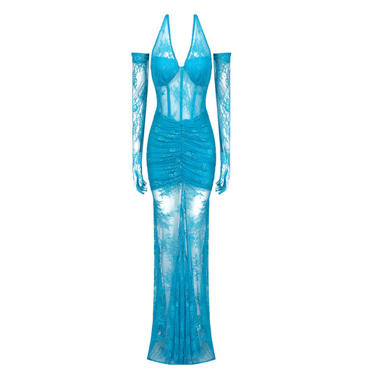 Damen elegantes Spitzenkleid mit langem Ärmel und raffinierten Falten EB