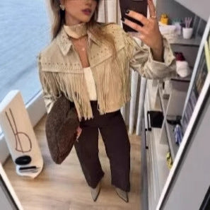 Damen modische Fransenjacke mit steinverziertem Kragen EB