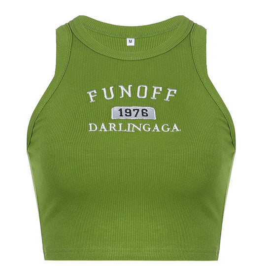 Damen sportliches Crop-Top mit stylischem Schriftzug und hochgeschlossenem Design EB