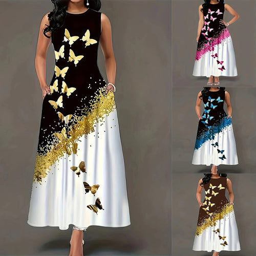 Damen Maxikleid mit elegantem Schmetterlingsdesign und praktischen Taschen EB