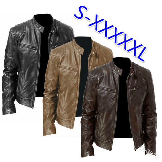 Herren nan vintage-inspirierte Lederjacke im Bikerstil mit Stehkragen und sichtbaren Reißverschlüssen EB