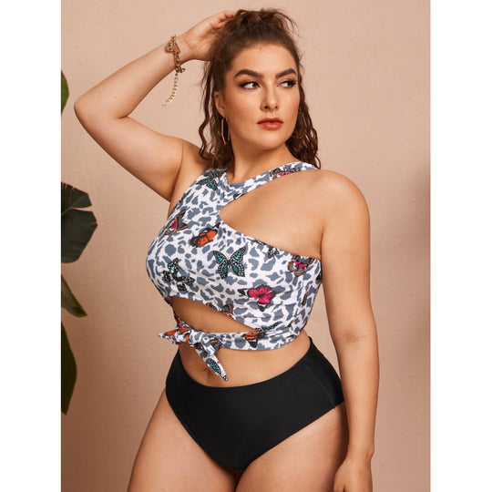 Damen Cut-Out Bikini mit modischem Blütenmuster und hohem Taillen-Slip EB