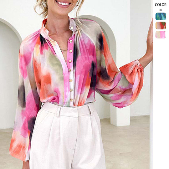 Damen Transparente Bluse mit Ballonärmeln und floralem Druck EB