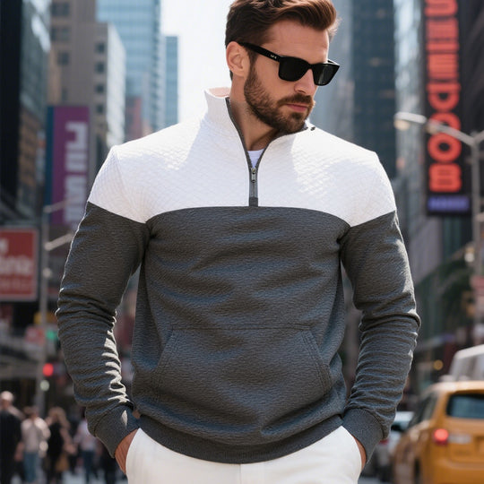 Herren Colorblock-Halbzip-Sweatshirt mit gesteppter Brustpartie, Kängurutasche und elastischen Bündchen EB