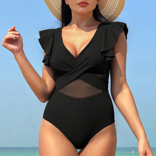 Damen Eleganter Einteiler Badeanzug mit asymmetrischem Rüschendesign EB