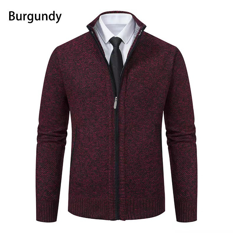 Herren nan melierte Strickzipjacke mit hohem Stehkragen, feiner Struktur und verdeckten Eingrifftaschen EB