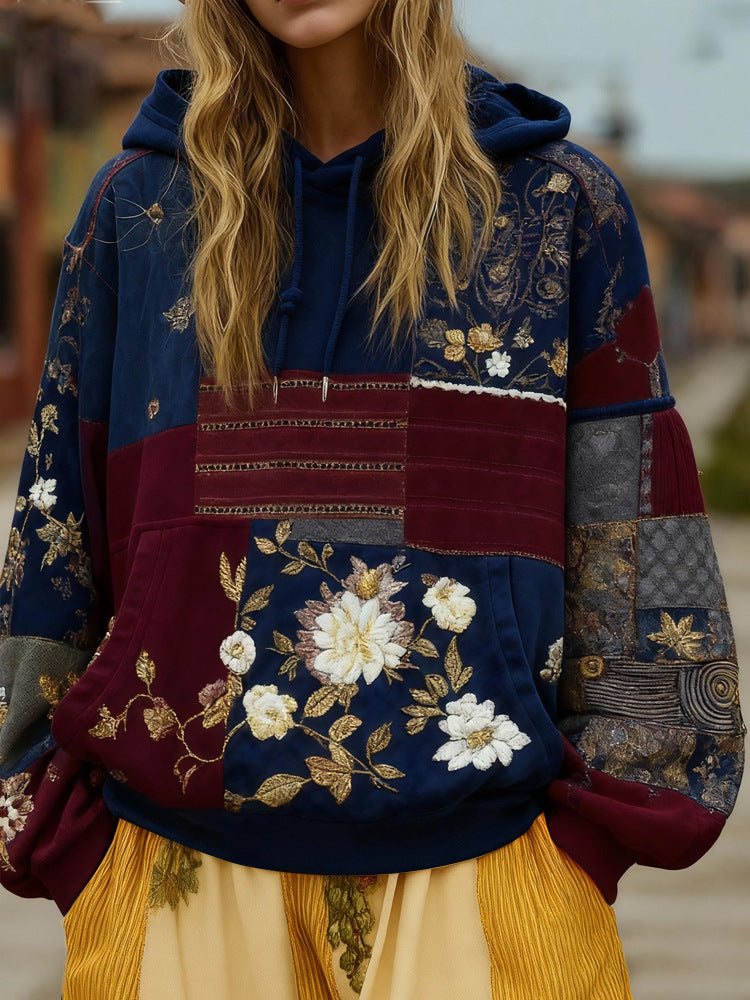 Damen Bestickter Patchwork-Kapuzenpullover mit Blumenapplikation und Kängurutasche EB