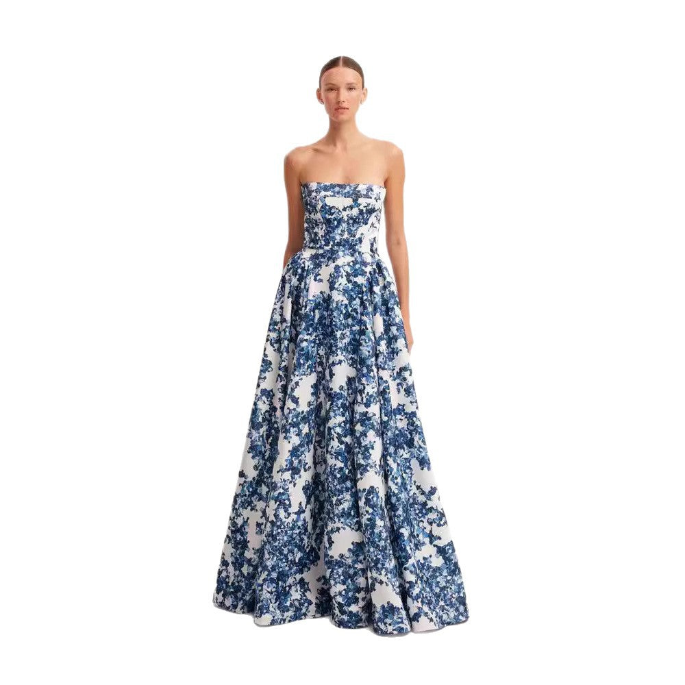 Damen Elegantes Blütenmuster-Maxikleid mit schulterfreiem Design EB