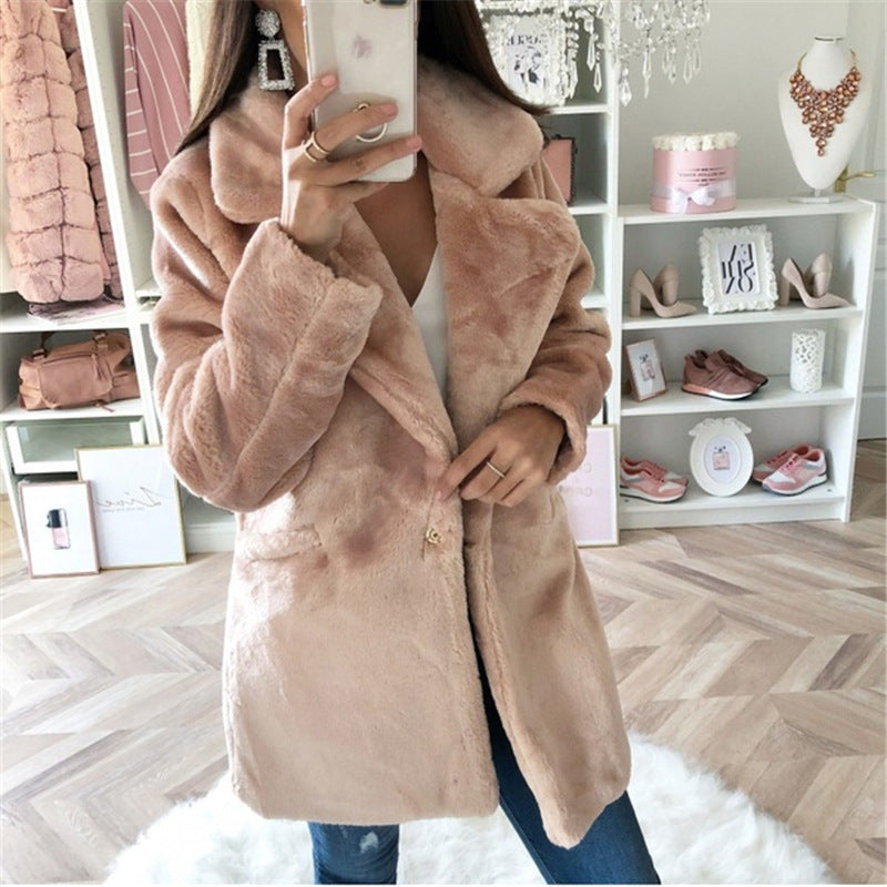 Damen Elegante Kunstfell-Jacke mit aufgesetzten Taschen und großem Revers EB