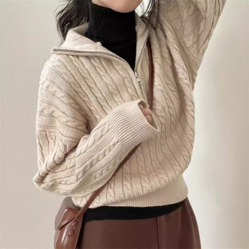 Damen kuscheliger Strickpullover mit hochschließendem Kragen und Zipper EB