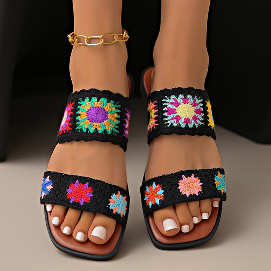 Damen Sommer-Sandalen mit floralem Häkelmuster und bequemer Sohle EB