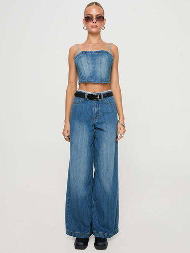 Damen Weit geschnittene Denim-Hose mit fransigem Saum und hohem Bund EB