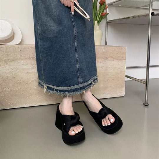 Damen Plateau-Pantoletten mit elegantem Schleifen-Design EB