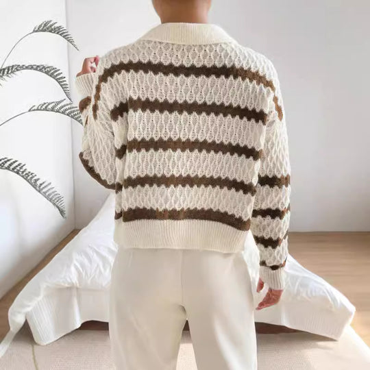 Damen Strickpullover im lässigen Stil mit strukturiertem V-Ausschnitt und hellen Akzenten EB