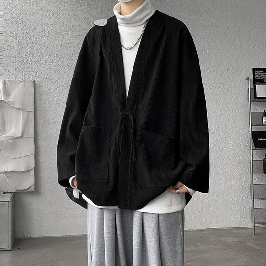 Herren nan oversized Cord-Kimono-Cardigan mit Kordelzug, aufgesetzten Taschen und Tropfenärmeln EB