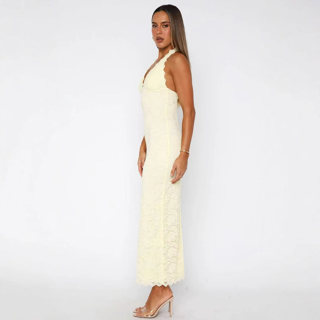 Damen Elegantes Spitzenkleid mit Halterneck-Design und figurfreundlichem Schnitt EB