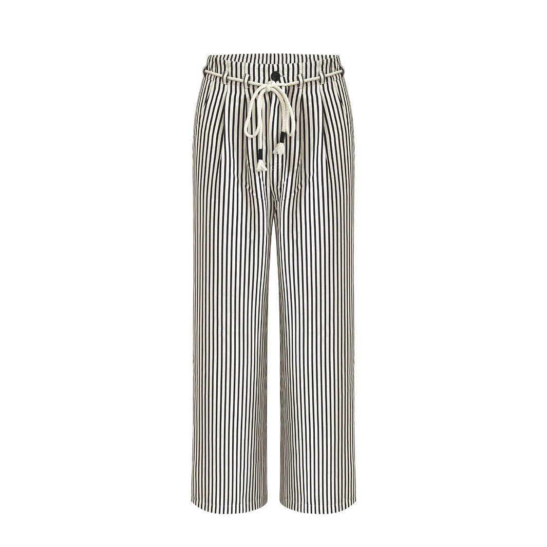 Damen lässige weite Hose im Streifenlook mit elastischem Bund und Bindegürtel EB