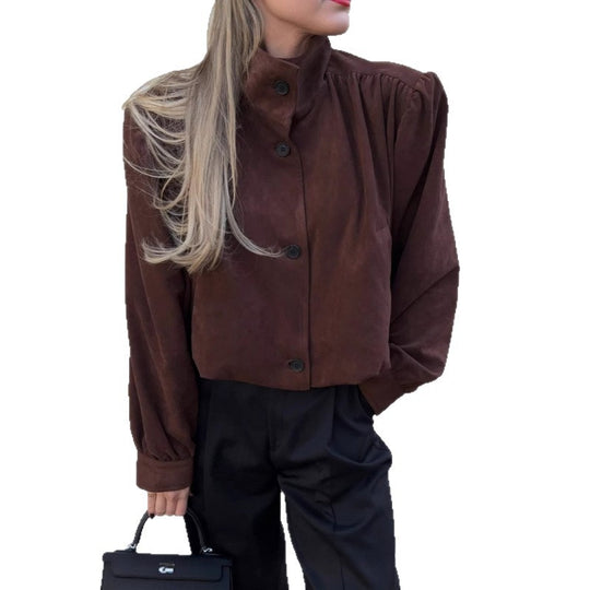 Damen elegante Jacke mit strukturierten Puffärmeln und Knopfdetail EB