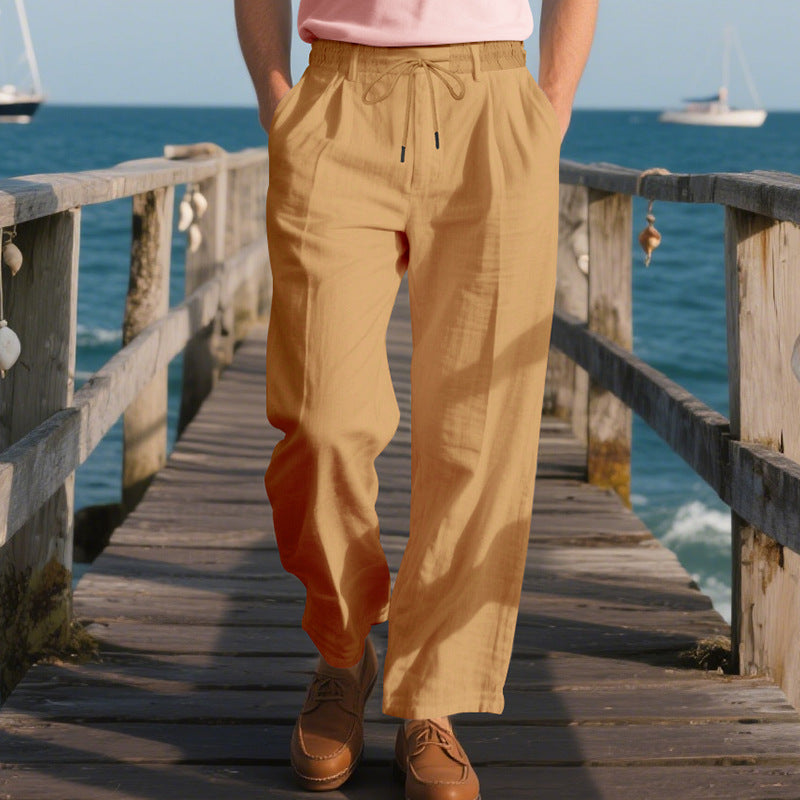 Herren nan leichte Leinen-Loungehose mit elastischem Tunnelzugbund, Kordelzug und weitem Bein EB