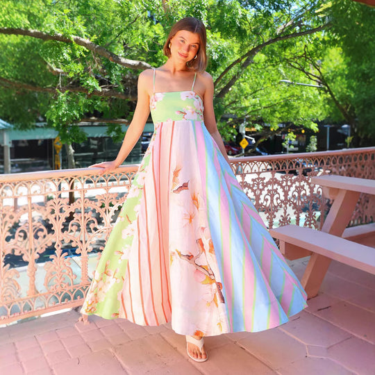 Damen Maxikleid mit floralem Design und verstellbaren Trägern EB