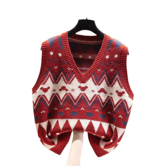 Damen Strickweste mit V-Ausschnitt und geometrischem Muster EB
