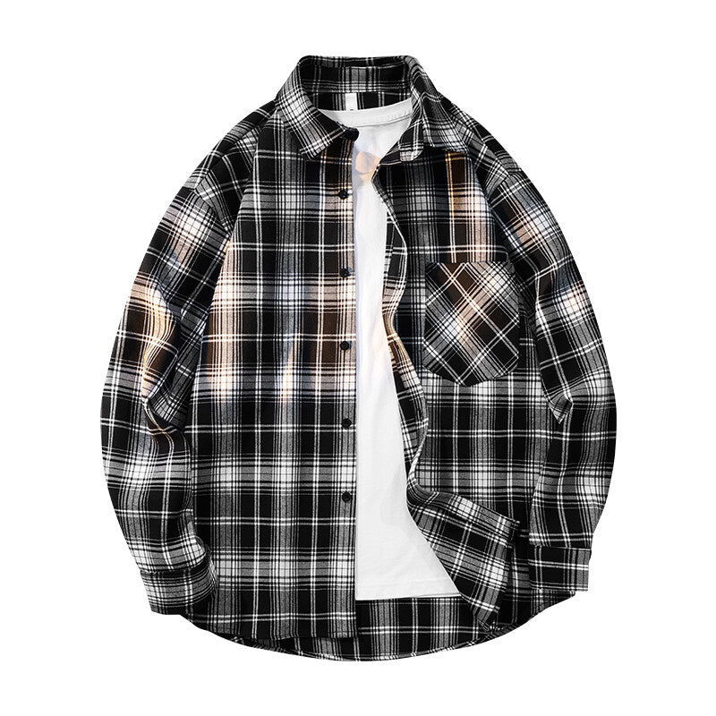 Herren nan kariertes Oversized Flanellhemd mit aufgesetzter Brusttasche, Rundem Saum und durchgeknöpfter Vorderseite EB