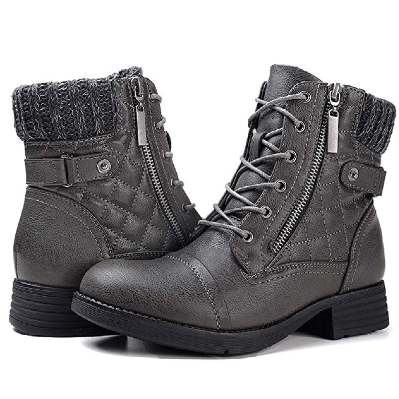 Damen nan gequiltete Schnür-Bikerboots mit seitlichem Reißverschluss, gepolstertem Schaft und robustem Profilsohle EB