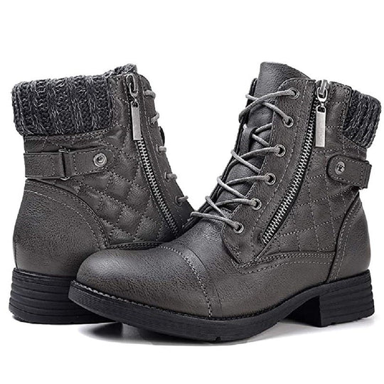 Damen nan gequiltete Schnür-Bikerboots mit seitlichem Reißverschluss, gepolstertem Schaft und robustem Profilsohle EB