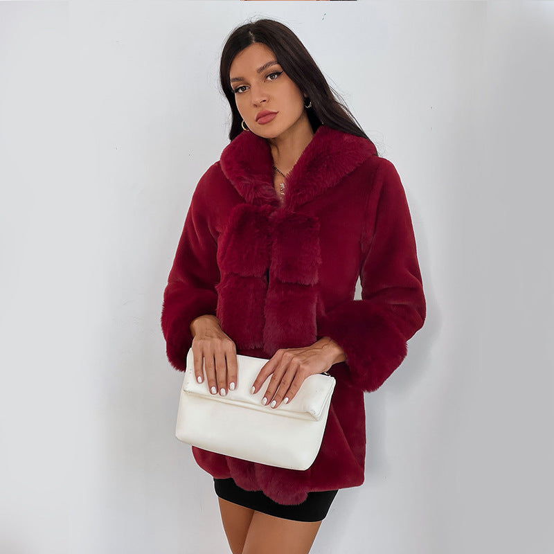 Damen Flauschige Kunstpelzjacke mit Kapuze und dekorativen Details EB