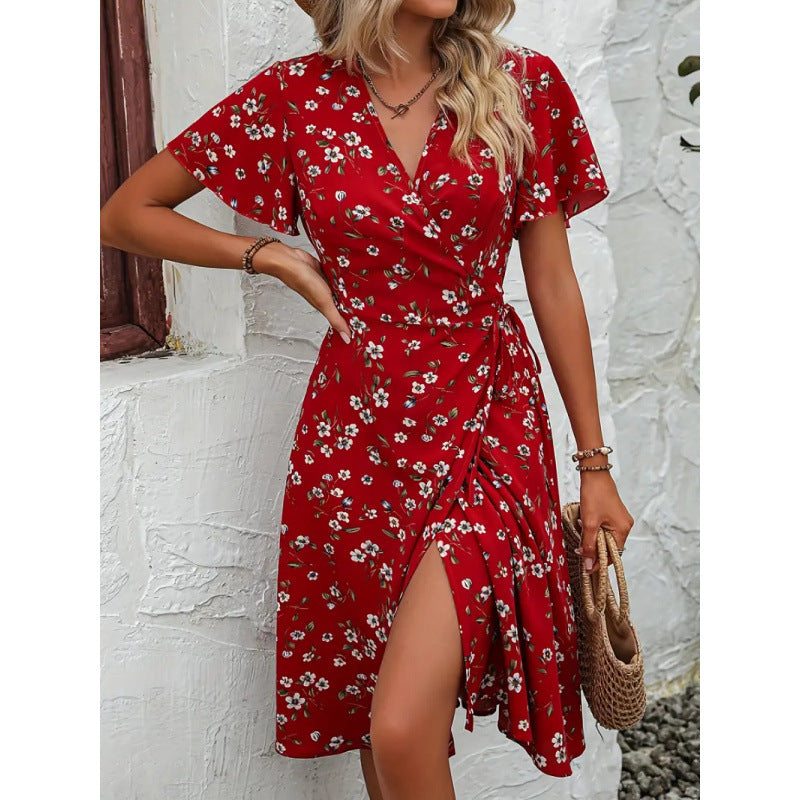 Damen Wickelkleid mit floralem Muster und seitlichem Schlitz EB