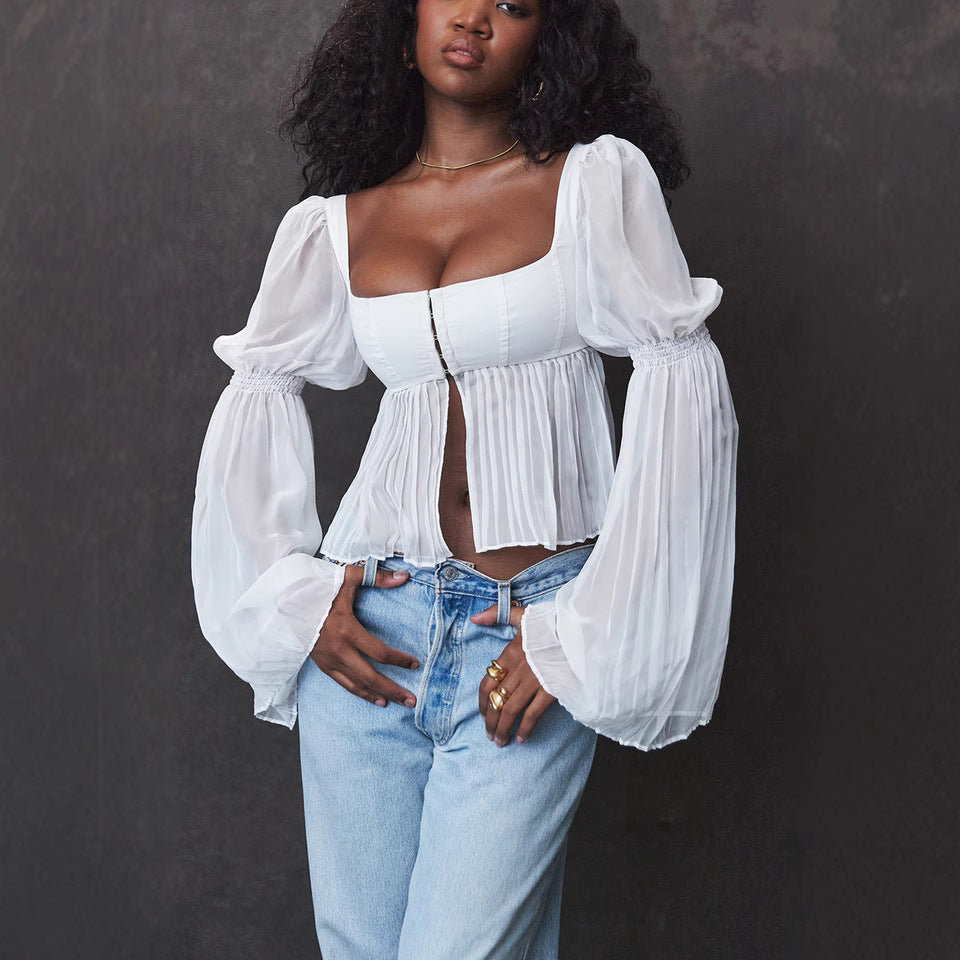 Damen Cropped Bluse mit Puffärmeln EB