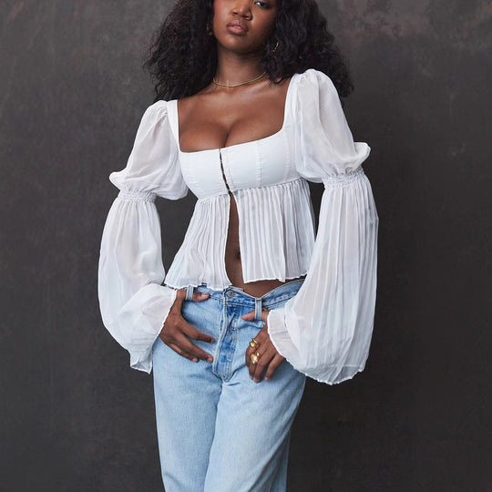 Damen Cropped Bluse mit Puffärmeln EB