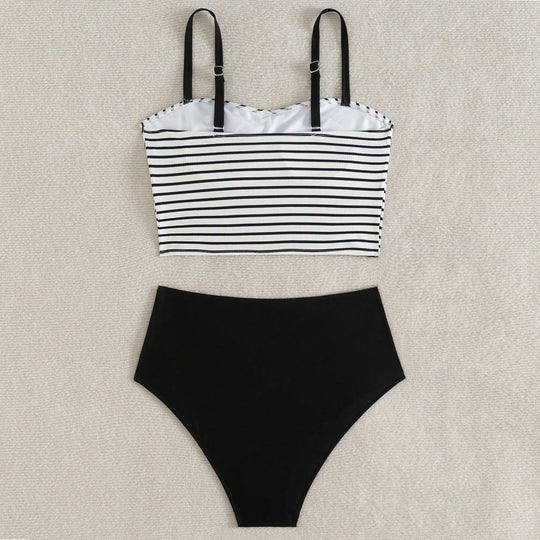Damen Hochgeschnittener Bikini mit gestreiften Crop-Oberteil EB