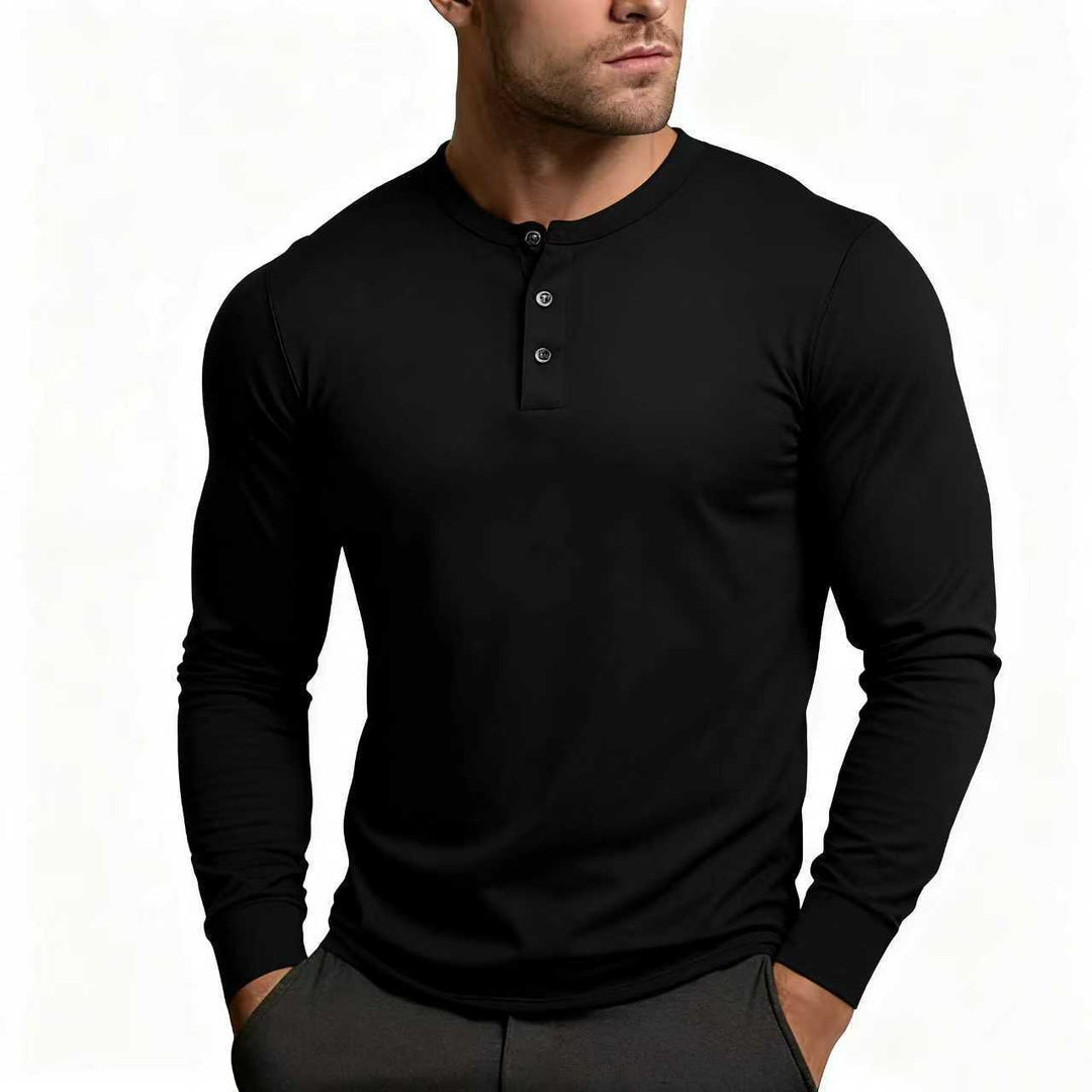 Herren nan tailliertes Langarm-Henley-Shirt aus Baumwollmix mit Knopfleiste EB