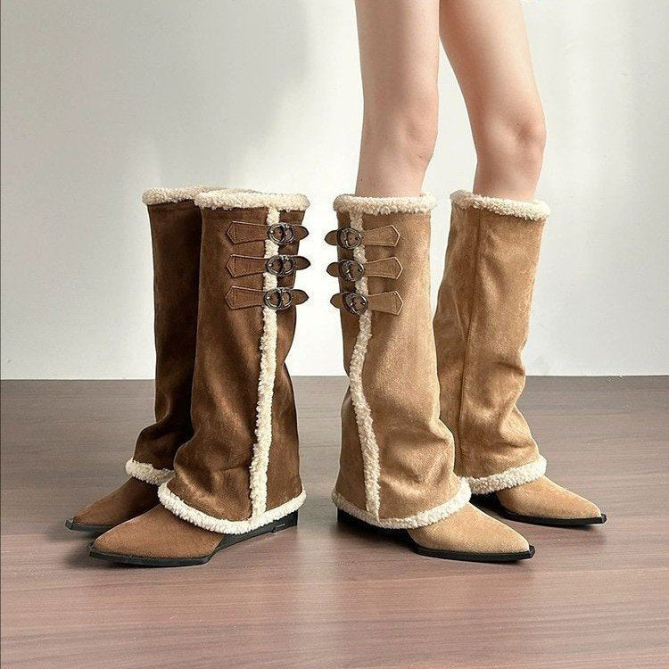 Damen hohe Stiefel mit weichem Kunstfellkragen und detaillierter Schnürfront EB
