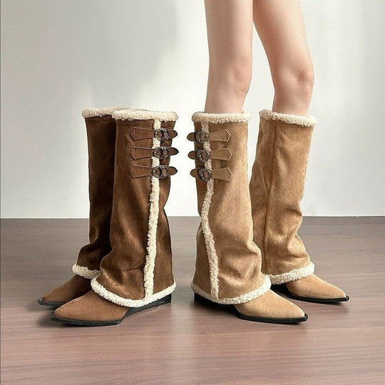 Damen hohe Stiefel mit weichem Kunstfellkragen und detaillierter Schnürfront EB