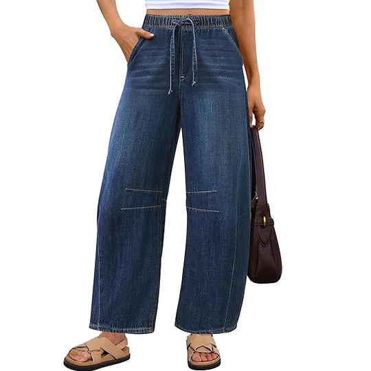 Damen weite Denim-Hose mit elastischem Bund und praktischem Schnitt EB