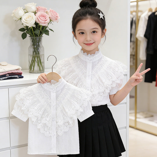 Mädchen elegante Rüschenbluse mit Spitzenbesatz EB