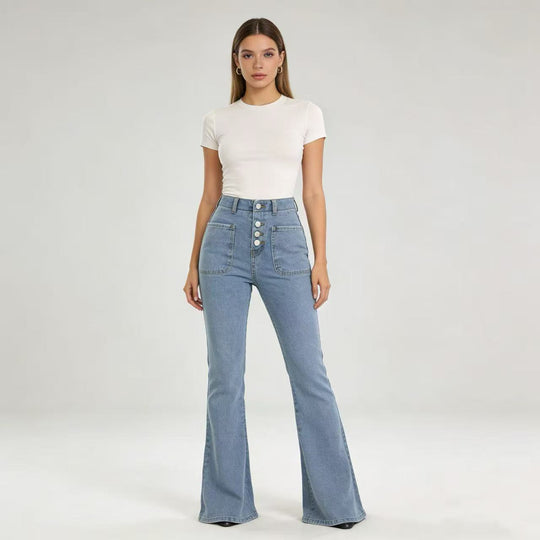 Damen Bootcut Jeans mit hohem Bund und Knopfleiste