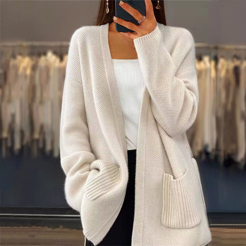 Damen nan lange Strickjacke mit Bindegürtel, aufgesetzten Rippentaschen und lockerem Waffelstrick EB
