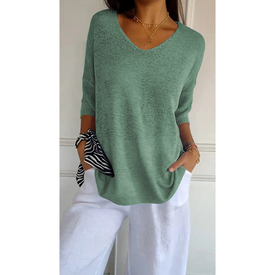 Damen nan locker sitzender V-Ausschnitt Feinstrickpullover mit dreiviertelÄrmeln EB