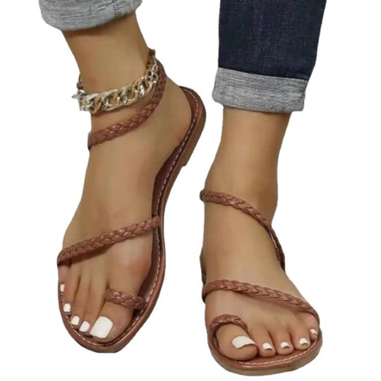Damen flache Riemchensandalen mit geflochtenem Design und komfortablem Fußbett EB