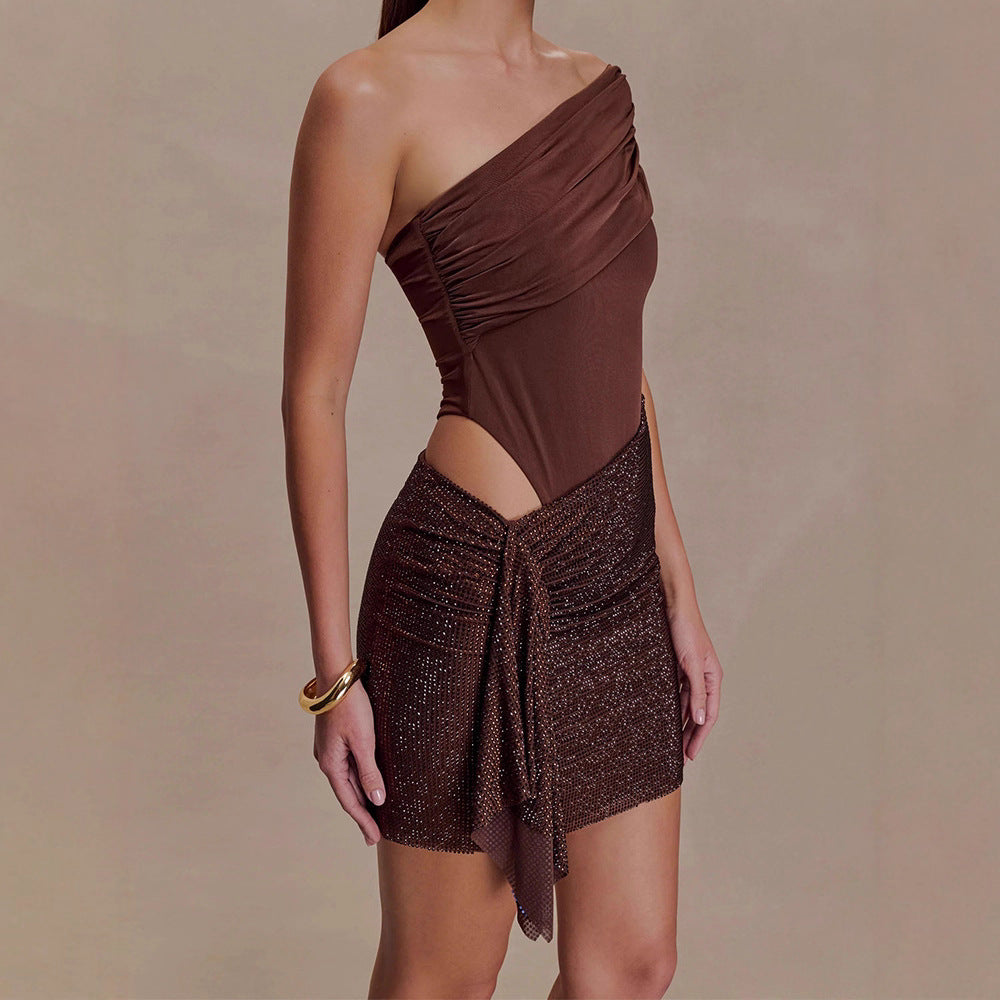 Damen Elegantes One-Shoulder Kleid mit funkelndem Rock EB