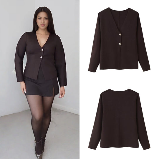 Damen elegante Strickjacke mit V-Ausschnitt und Knopfleiste EB