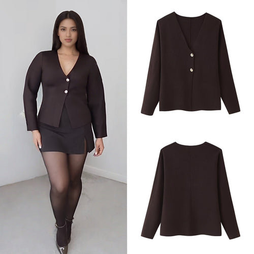 Damen elegante Strickjacke mit V-Ausschnitt und Knopfleiste EB