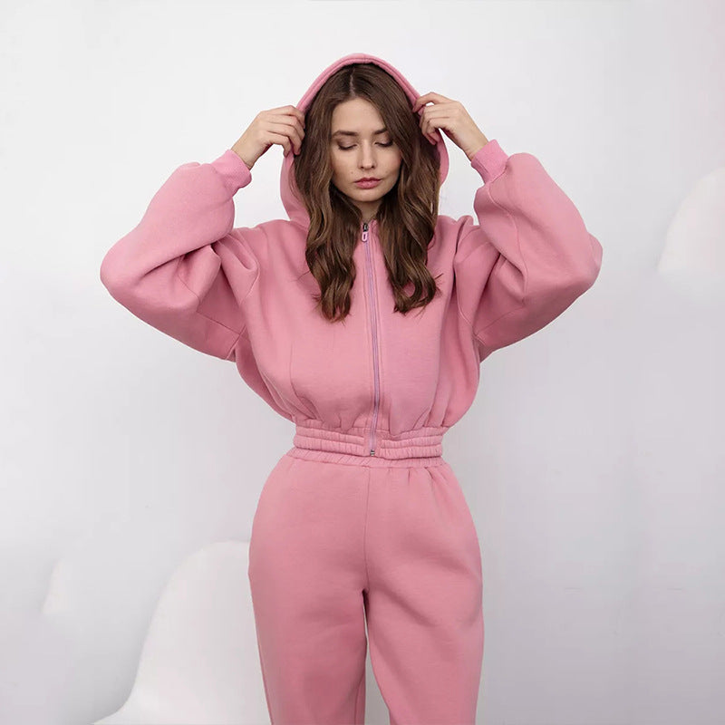 Damen Taillierter Zip-Overall im Loungewear-Stil mit Kapuze, Balloonärmeln und hoher Bundkante EB