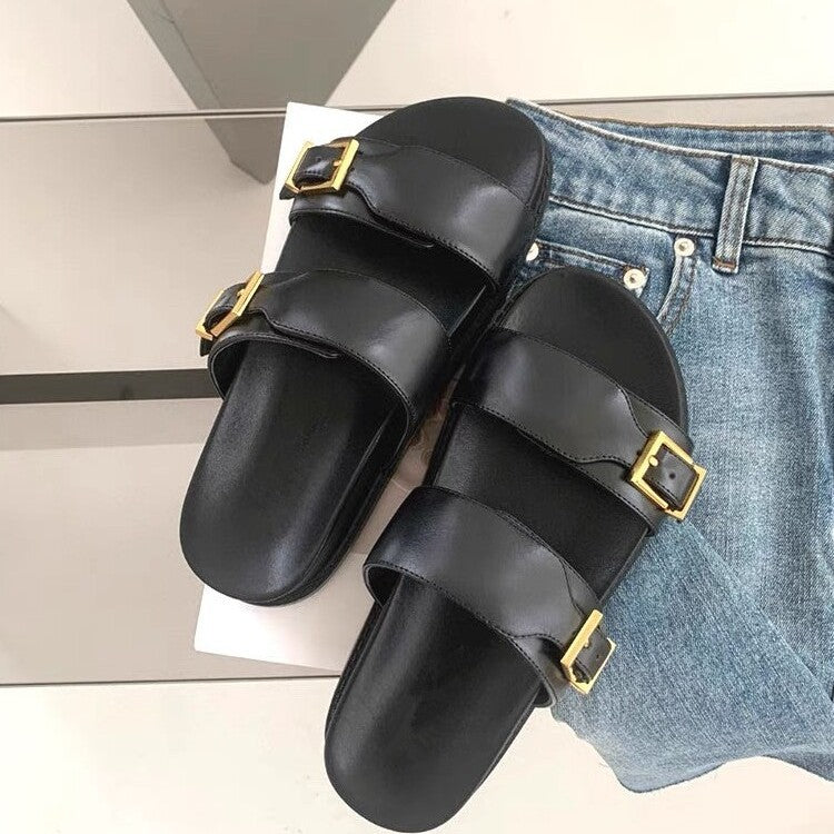 Damen modische Sandalen mit doppeltem Riemendesign und goldenen Schnallen EB