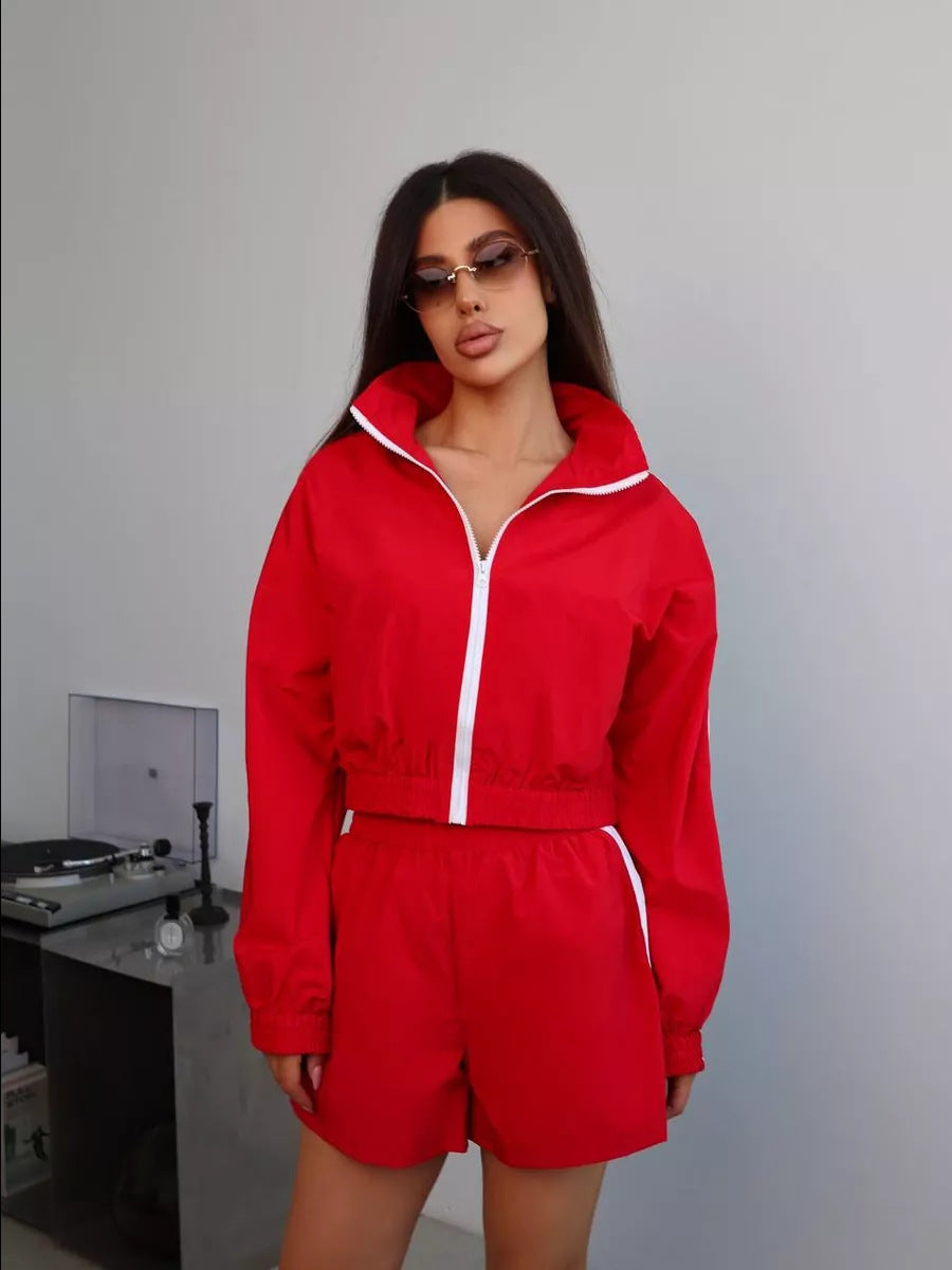 Damen nan kurzes Sport-Trackset mit Crop-Zip Jacke und elastischer Highwaist-Shorts EB