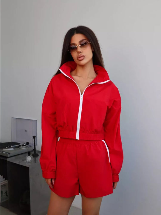 Damen nan kurzes Sport-Trackset mit Crop-Zip Jacke und elastischer Highwaist-Shorts EB